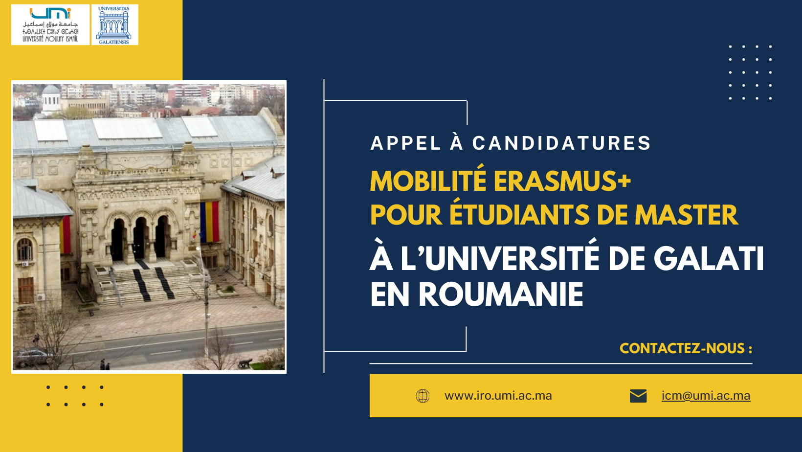 Appel à candidature pour les bourses de mobilité Etudiants à l’Université de Galati en Roumanie