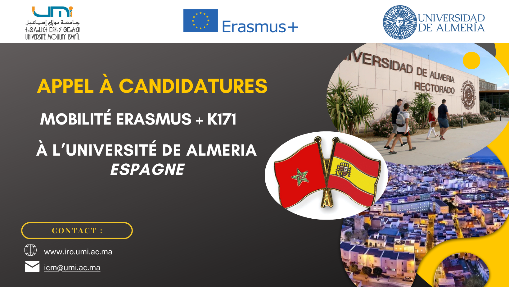Appel à candidature pour la mobilité Erasmus+ (KA 171) à l’Université d’Almeria en Espagne