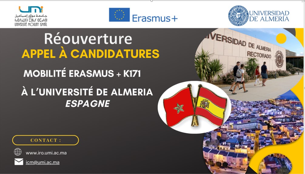 Réouverture de l’Appel à candidature pour la mobilité Erasmus+ (KA 171) à l’Université d’Almeria en Espagne Réouverture de l’Appel à candidature pour la mobilité Erasmus+ (KA 171) à l’Université d’Almeria en Espagne