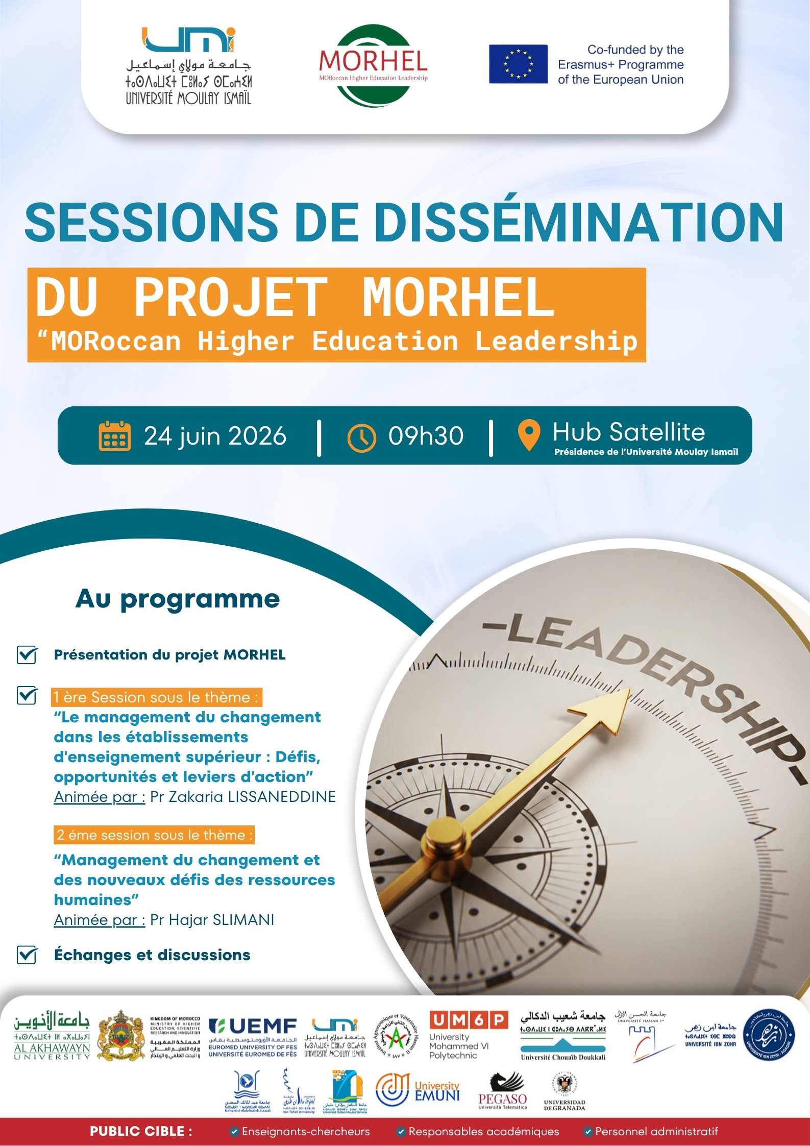 Sessions de Dissémination dans le cadre du projet Erasmus+ CBHE « Moroccan Higher Education Leadership » MORHEL